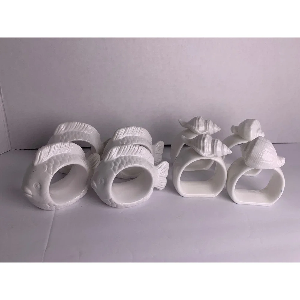 White Ceramic Nautical Napkin Rings Set of 8 Fish and Seashell Coastal Decor